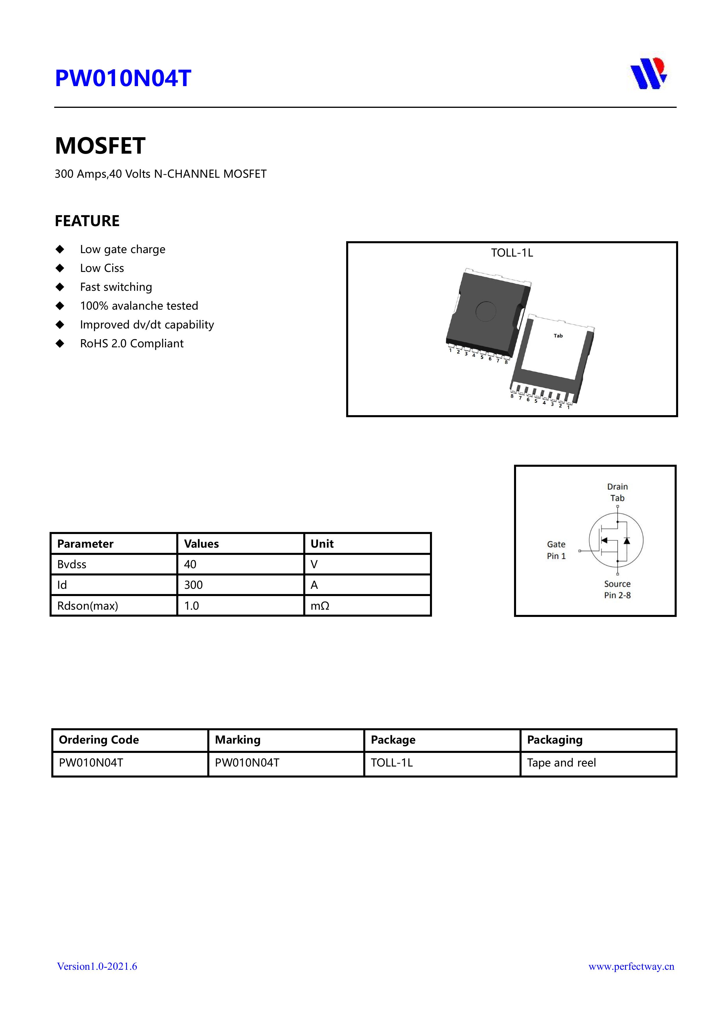 PW010N04T еѹЧӦMOSFET 40V 300A 0.8m ƬTOLLװ ƽΰ